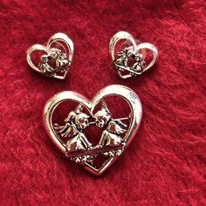 Heart with Angels Brooch/Pendant and Earrings